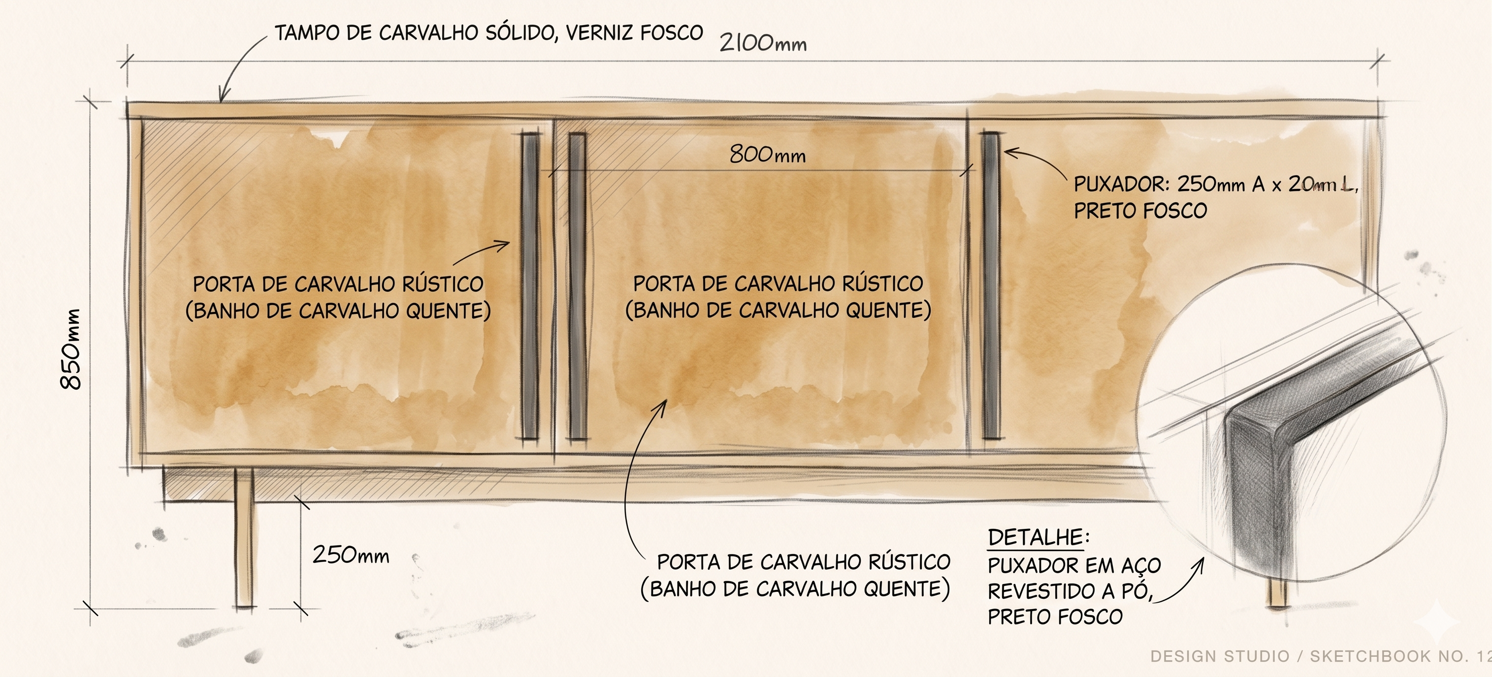 Sketch do Buffet Americano com anotações de materiais